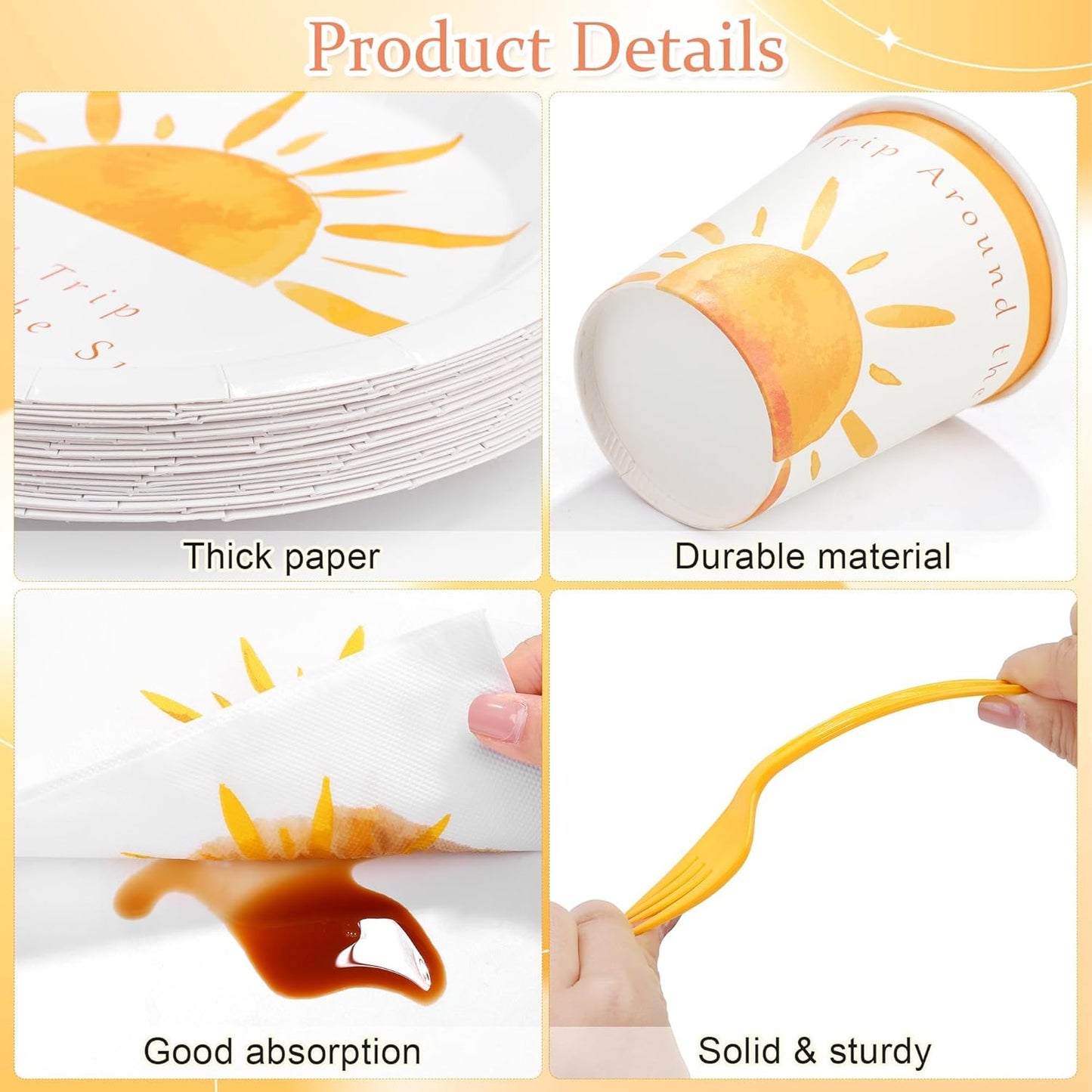 144 Pieces Boho Sun Birthday Party Decorations Tableware Sets Including Disposable Bohemia Sunshine Plates Napkins Cups Forks Serves 24 for Sun Baby Shower Party Supplies