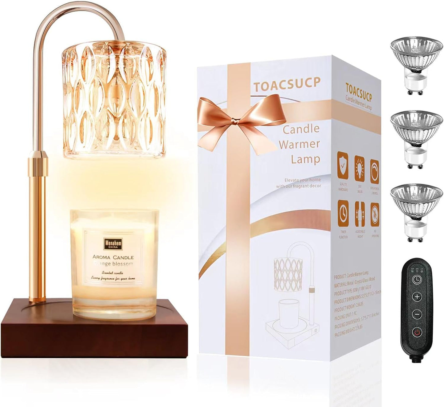 Candle Warmer Lamp with 3 Bulbs, Adjustable Height Dimmable Candle Warmer with Timer, Compatible with Large Jar Candles, Candle Lamp with Charming Gift Box Ribbon for Her/Him(Walnut)