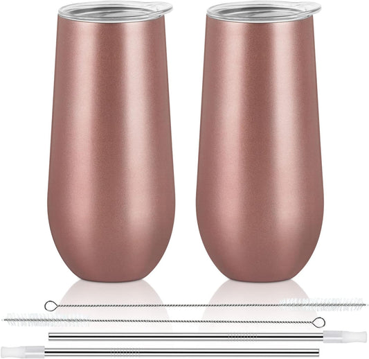 Lifecapido 2 Pack Insulated Tumblers, 12oz Stemless Champagne Flutes, Stainless Steel Tumblers, Insulated Glass for Birthday Party, Wedding, Christmas (Rose Gold)