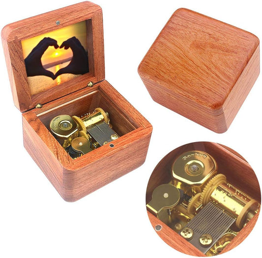 Sinzyo Natural Wooden Music Box with Customizable Photos Wind Up Musical Box Gifts for Christmas,Birthday and Valentine's Day(Simple Rosewood, Tone:My Heart Will Go On)