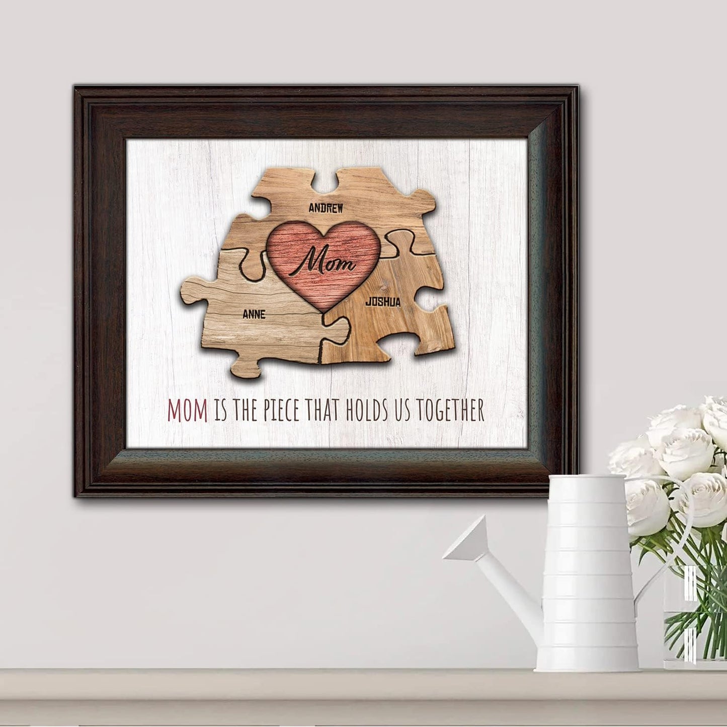 Personal-Prints MOM & Children Personalized HEART Puzzle Wall Art | Unique Customized with up to 8 Names | Mother’s Day, Birthday or Christmas Gift (13"x16" Framed Paper Print, 3 Children)