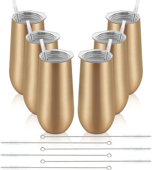 Lifecapido 6 Pack Stemless Champagne Tumblers, 12oz Insulated Champagne Flutes with Lid, Stainless Steel Stemless Champagne Glass, Champagne Flute Tumbler for Birthday Party Wedding Christmas (Gold)