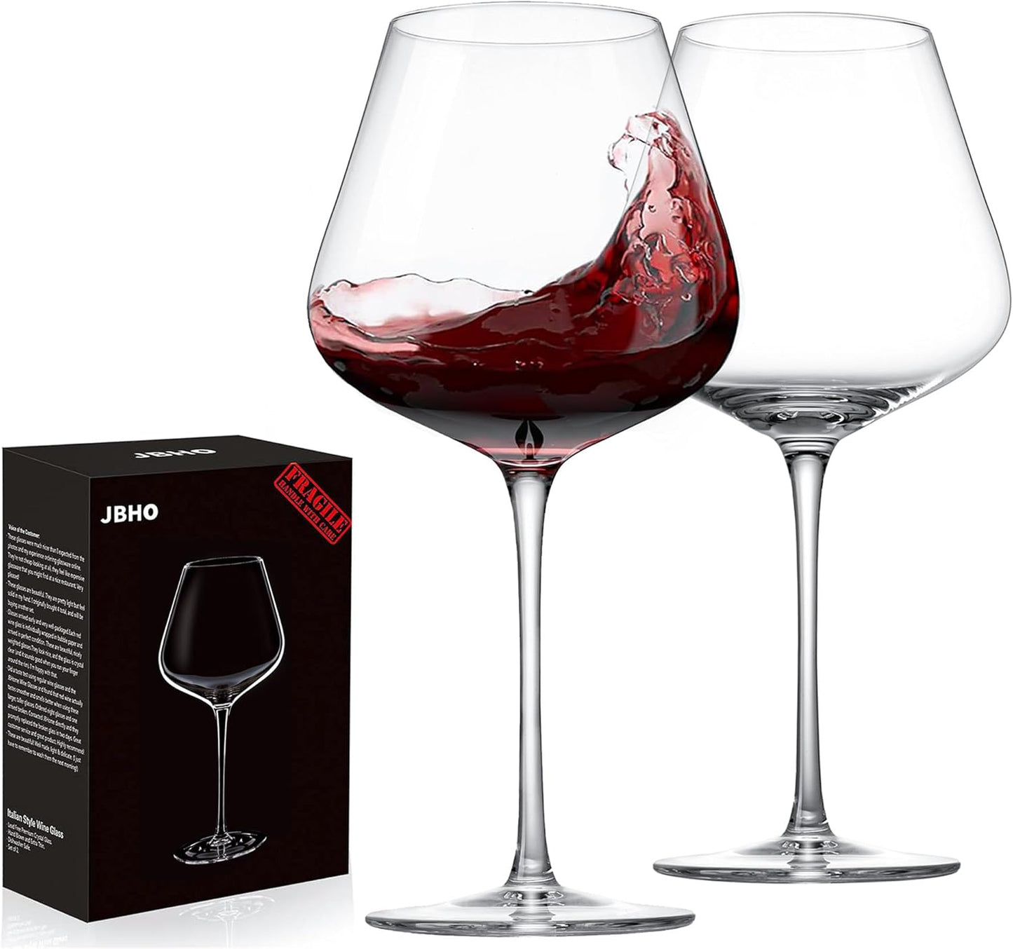 JBHO Hand Blown Italian Style Crystal Burgundy Wine Glasses - Lead-Free Premium Crystal Clear Glass - Set of 2-21 Ounce - Gift-Box for any Occasion