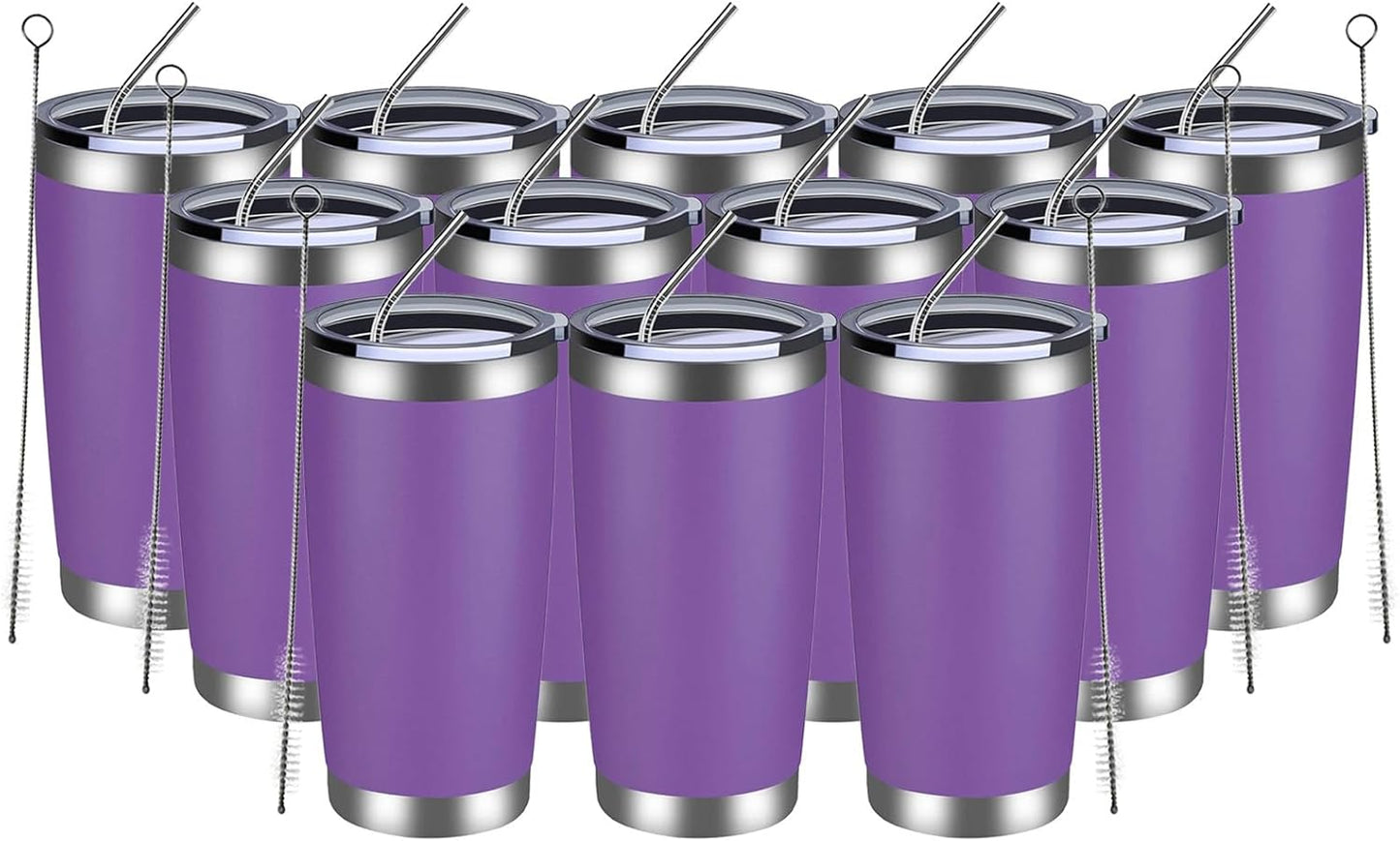 MEWAY 20oz Tumbler 12 Pack Double Wall Vacuum Insulated Travel Mug Bulk, Stainless Steel Tumblers with Lid and Straw, Durable Powder Coated Coffee Cups for Cold & Hot Drinks (Purple, 12)