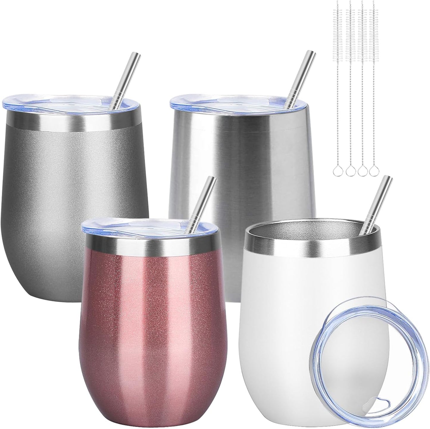 12oz/4 Pack Wine Tumbler Glasses with Lid Stemless Double Wall Vacuum Stainless Steel Travel Tumbler Keeping Cold & Hot for Wine,Coffee,Cocktails,Drinks-Family and Gifts (Multi color-3)