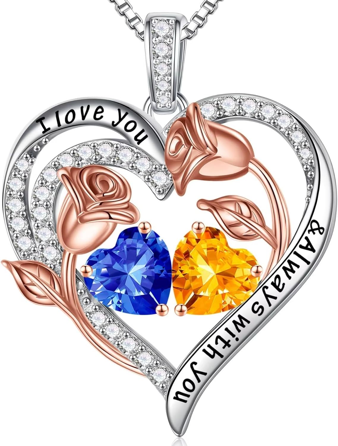 Iefil Birthstone Necklace for Women - 925 Sterling Silver Rose Heart Birthstone Necklace Birthday Anniversary Jewelry Gifts for Her Wife Mom Daughter