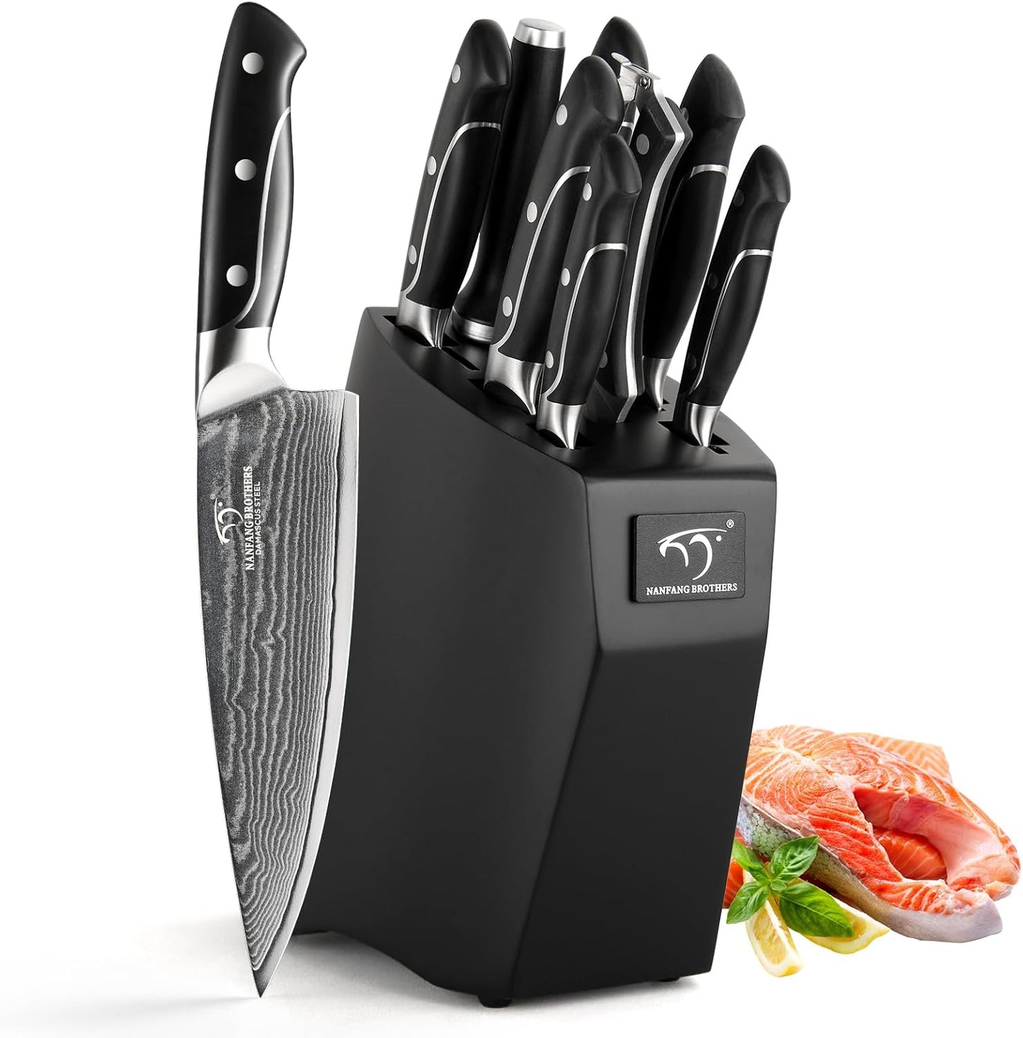 Damascus Kitchen Knife Sets, 9 Pieces Kitchen Knives Set with Block, ABS Ergonomic Handle for Chef Knife Set, Knife Sharpener and Kitchen Shears, Knife Block Set NF-D0603T-B