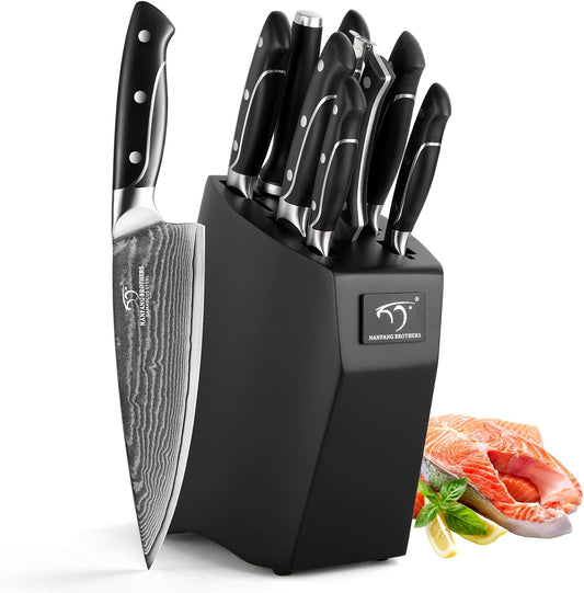 Damascus Kitchen Knife Sets, 9 Pieces Kitchen Knives Set with Block, ABS Ergonomic Handle for Chef Knife Set, Knife Sharpener and Kitchen Shears, Knife Block Set NF-D0603T-B