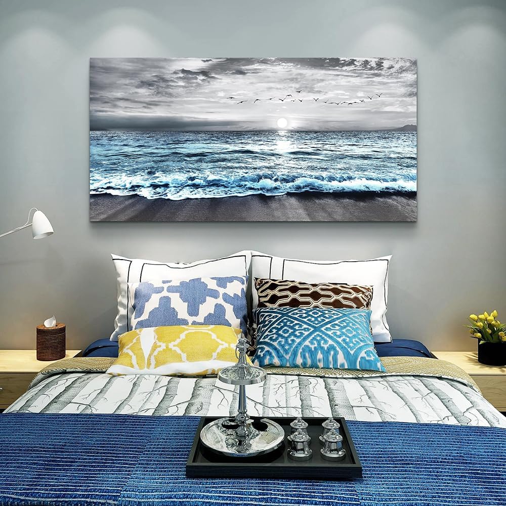 Wapluam Large Wall Decor For Living Room Canvas Wall Art For Bedroom Office Wall Decorations Black And White Painting Blue Sea Wave Pictures Artwork For Modern Stretched and Framed Beach Posters