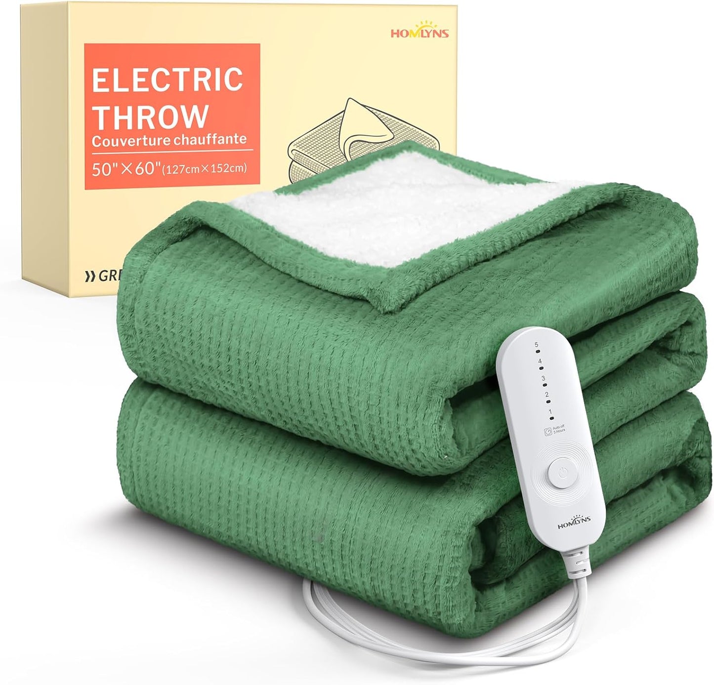 HOMLYNS LuxeHeat Heated Blanket Throw, Soft Flannel Sherpa, Electric Blanket 5 Heat Settings, Fast Heating, Heating Throw Blanket 3 Hours Timer Auto Shut Off, Machine Washable, 50×60 Inches, Green