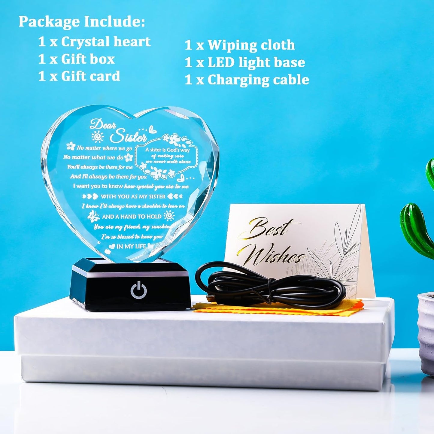 YWHL Sister Birthday Gifts from Sister Brother To My Sisters Crystal Heart Keepsake with Colorful Light Base Sister Gifts for Women for Christmas Mother's Day