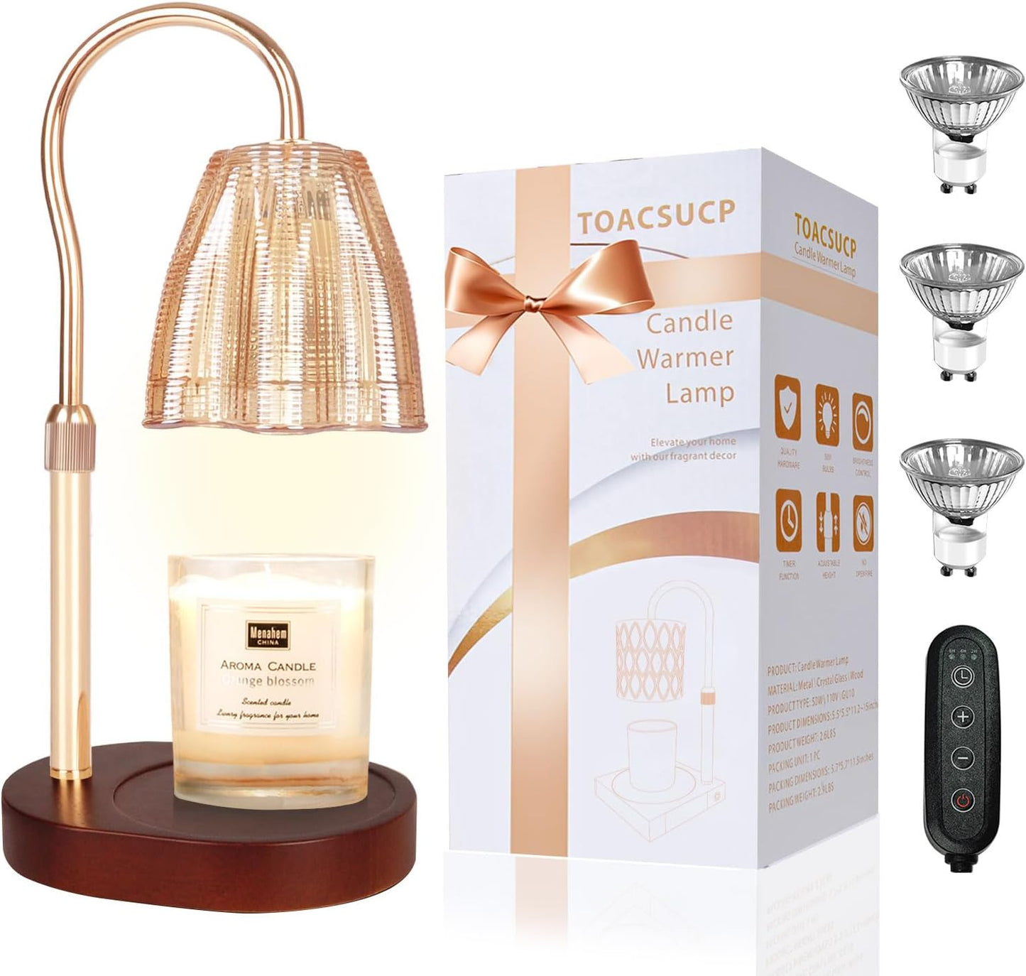 Candle Warmer Lamp with 3 Bulbs, Adjustable Height Dimmable Candle Warmer with Timer, Compatible with Large Jar Candles, Candle Lamp with Charming Gift Box Ribbon for Her/Him