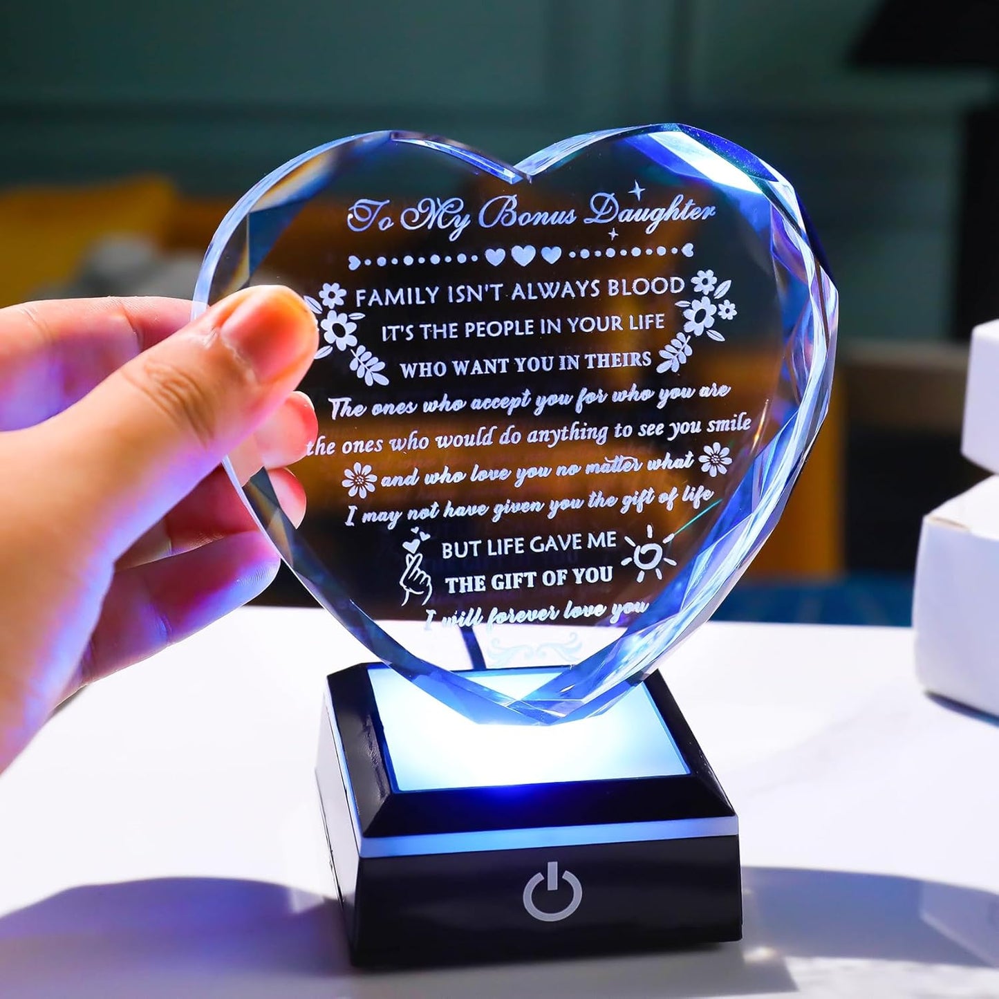 YWHL Bonus Daughter Gifts from Mom Dad Birthday Gifts for Bonus Daughter with Colorful Base Heart Shaped Crystal Keepsake To My Bonus Daughter Stepdaughter Gifts on Christmas Graduation Valentine's