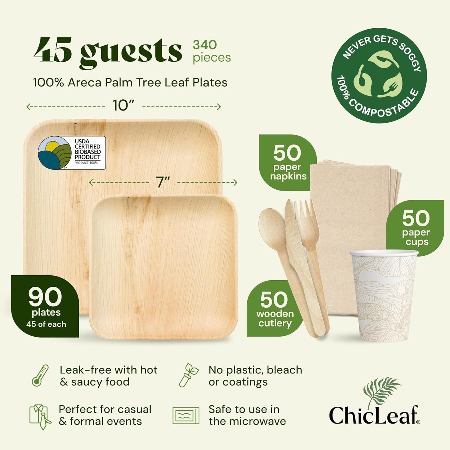 Chic Leaf Compostable Palm Leaf Party Plates & Disposable Cups Set - 10in & 7in Pack for 45, Natural - Square Wood Appetizer Plates & Biodegradable Napkins