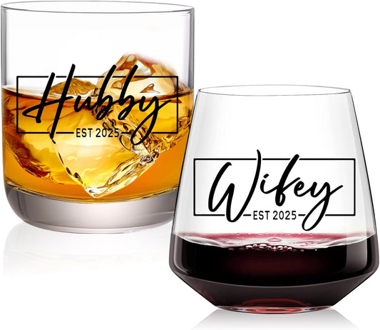 Wedding Gifts for Couples,Hubby & Wifey EST 2025 Wedding Glass Set,Bridal Shower Gifts for Bride and Groom, Newly-Married Anniversary for Him/Her,Mr and Mrs Gift