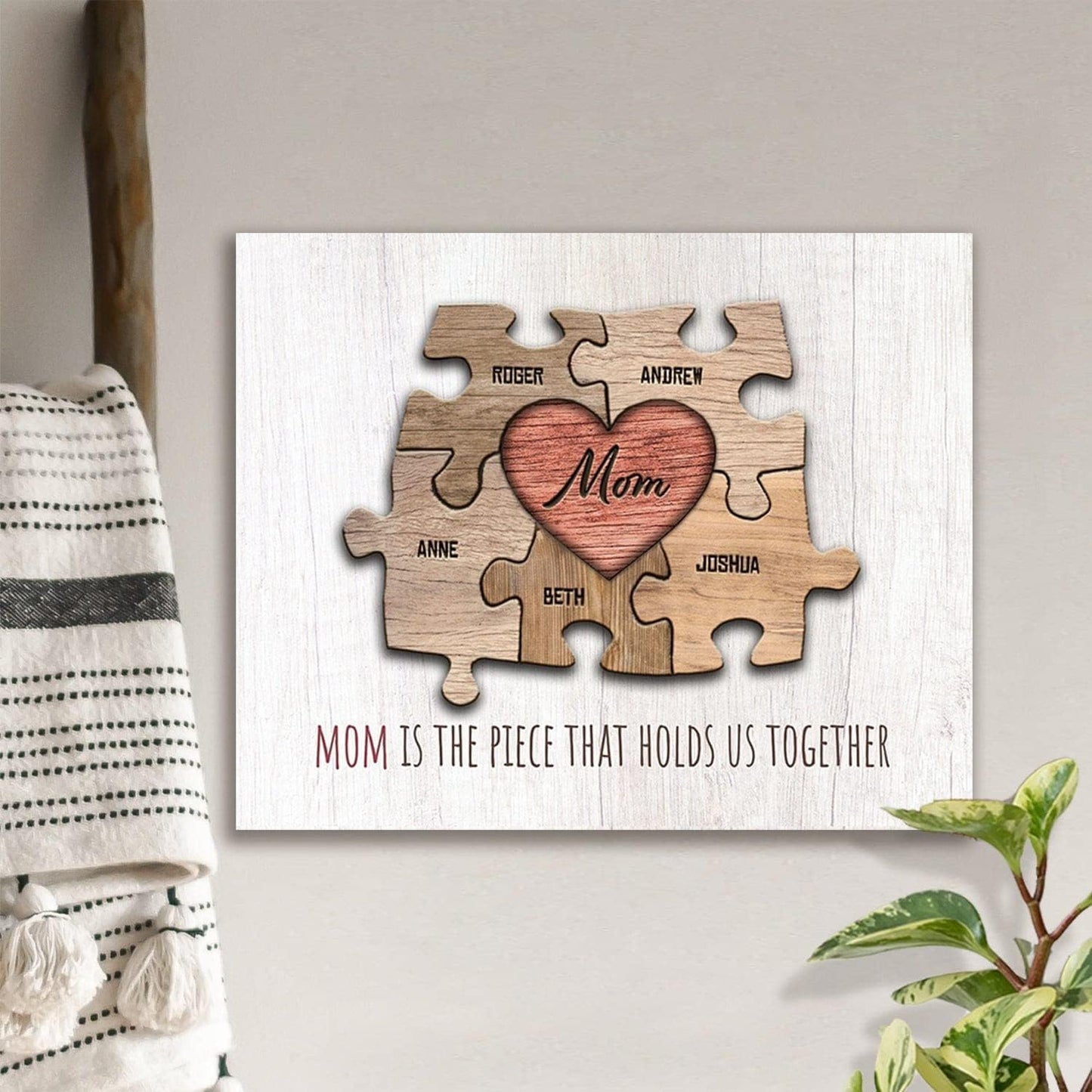 Personal-Prints MOM & Children Personalized HEART Puzzle Wall Art | Unique Customized with up to 8 Names | Mother’s Day, Birthday or Christmas Gift (8"x10" Easel Backed Canvas, 5 Children)