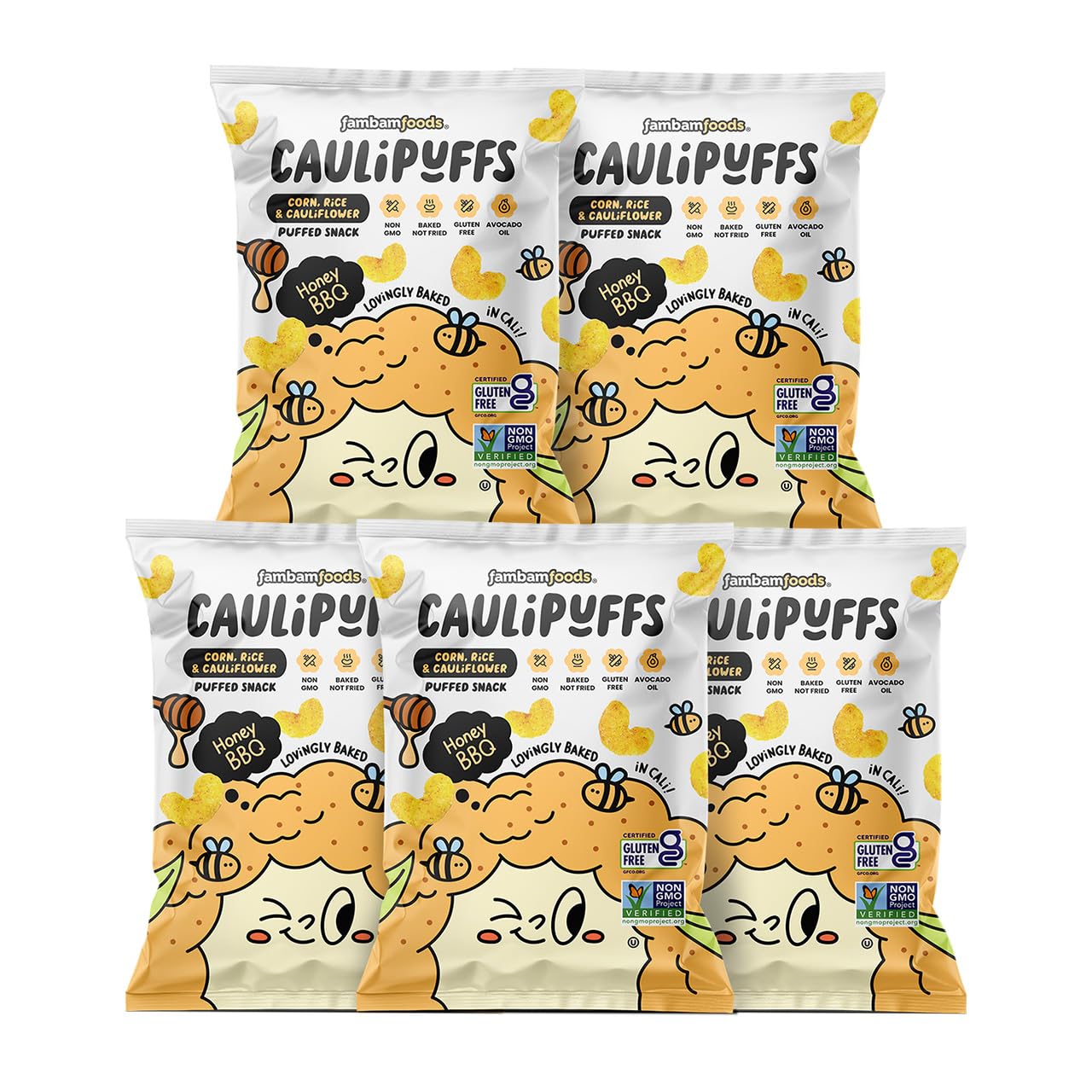 CauliPuffs - Corn, Rice, and Cauliflower Gluten Free Puffed Snack (5 x 3.0oz Bags, Honney BBQ)