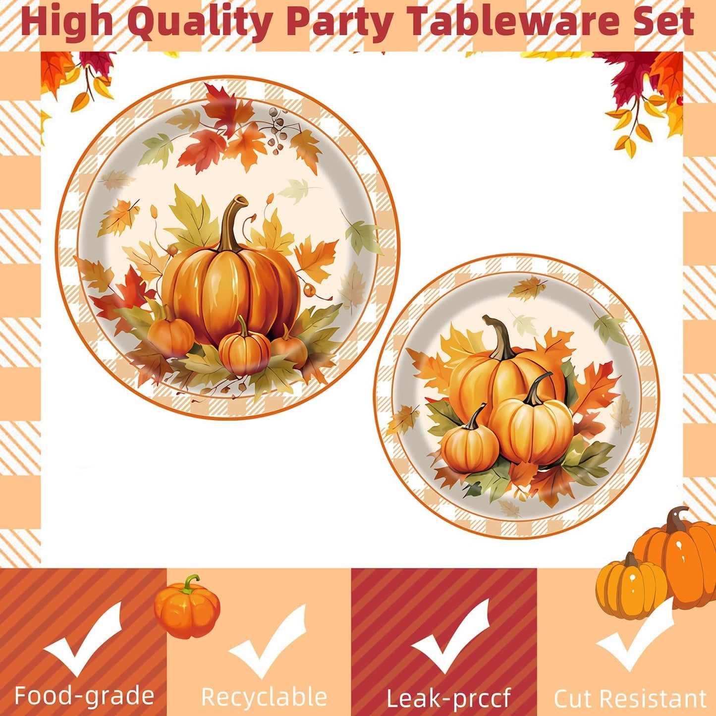 Fall Party Supplies - 96 Pcs Disposable Tableware Set with Paper Plates, Napkins, Forks, Pumpkin, Autumn, Maple Leaf Pattern for Thanksgiving Harvest Party Decorations
