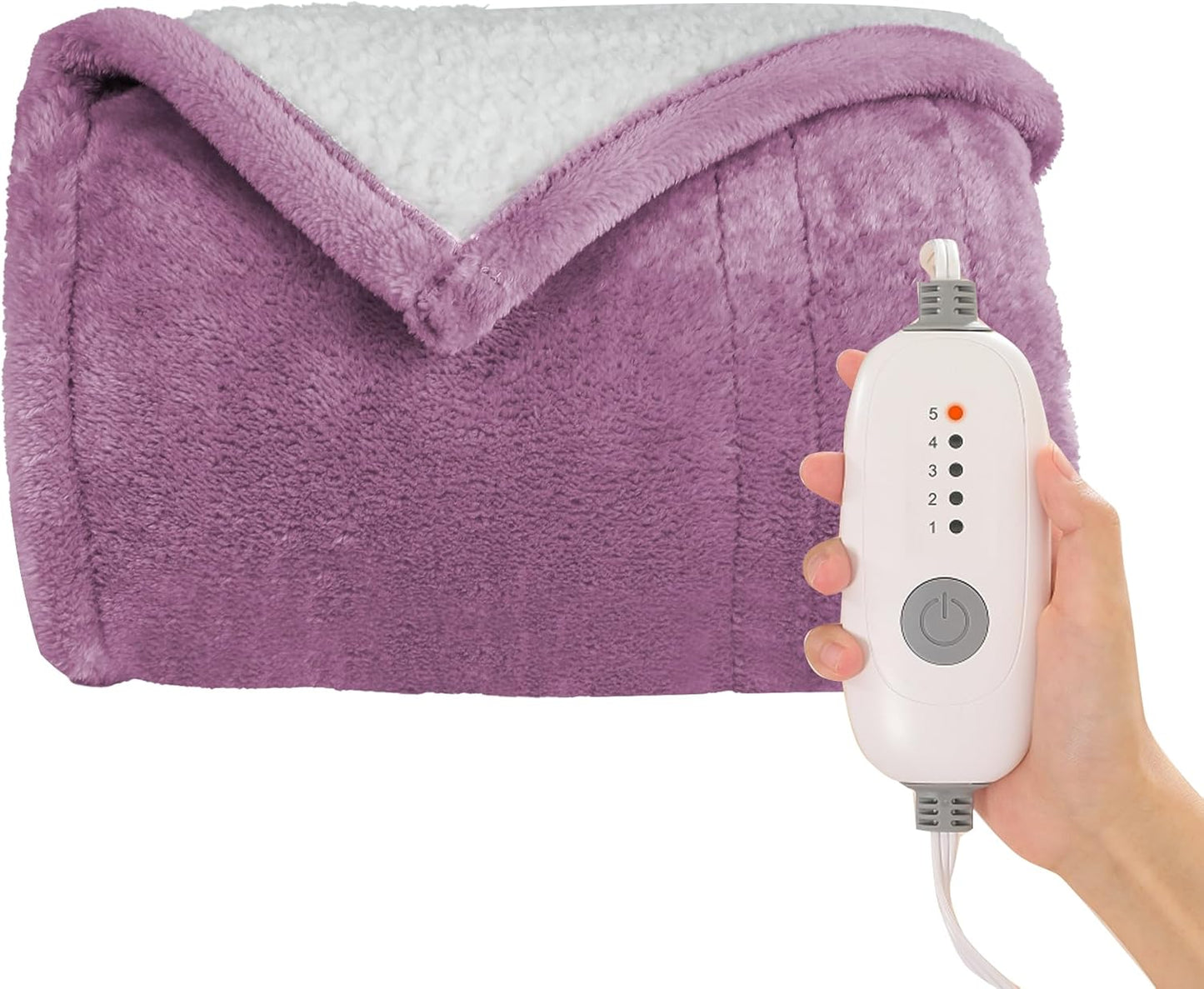 Heated Blanket Electric Throw 50''x60'', 3 Hour Auto Shut-Off 5 Heating Levels Small Warm Soft Flannel Electric Blanket Machine Washable - Purple