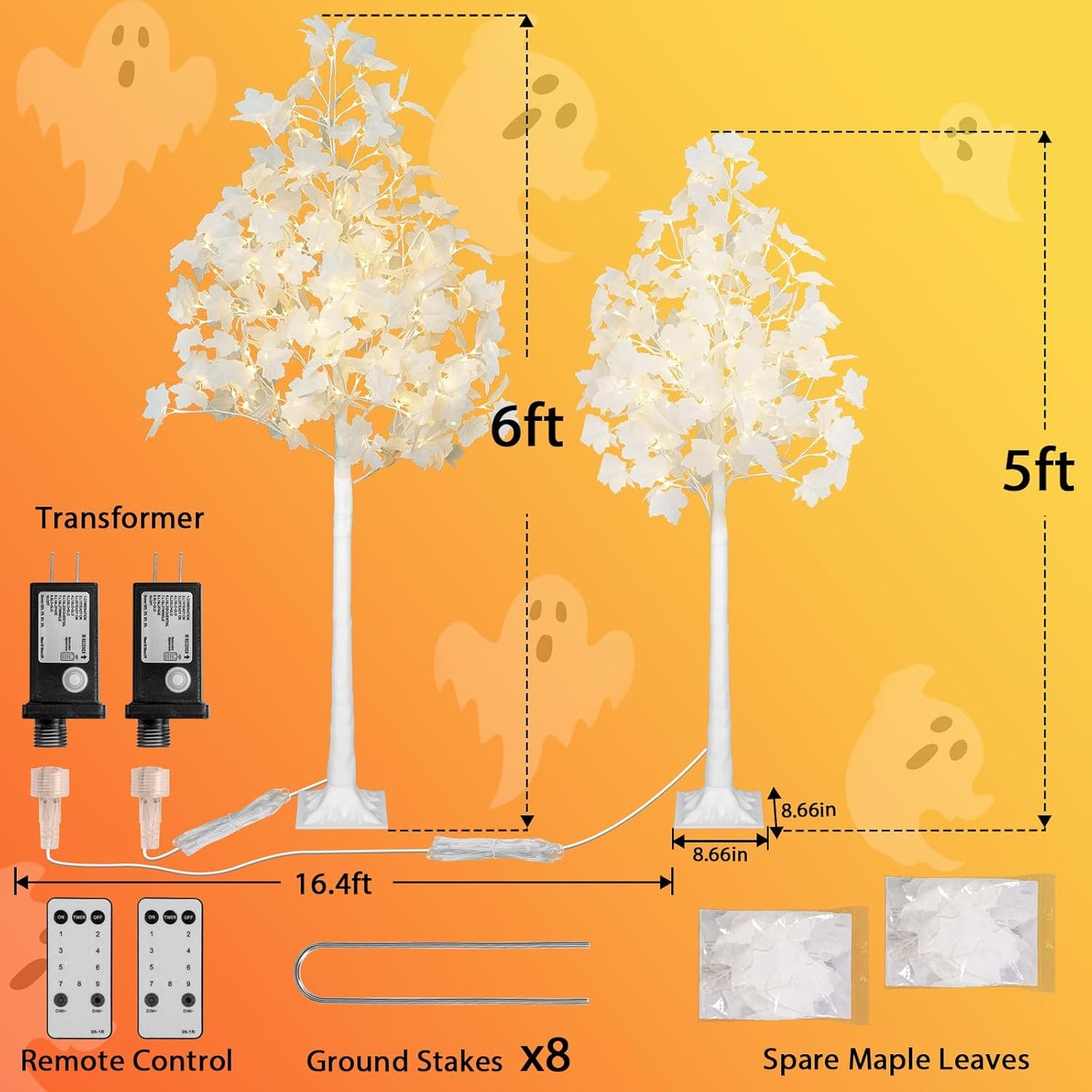 2PACK Artificial Lighted White Maple (5FT 96LED & 6FT 120LED) Fall Tree with Dual-Tone Lights (Cold & Warm White) Halloween, Thanksgiving, Autumn Harvest Outdoor Indoor Home Decor