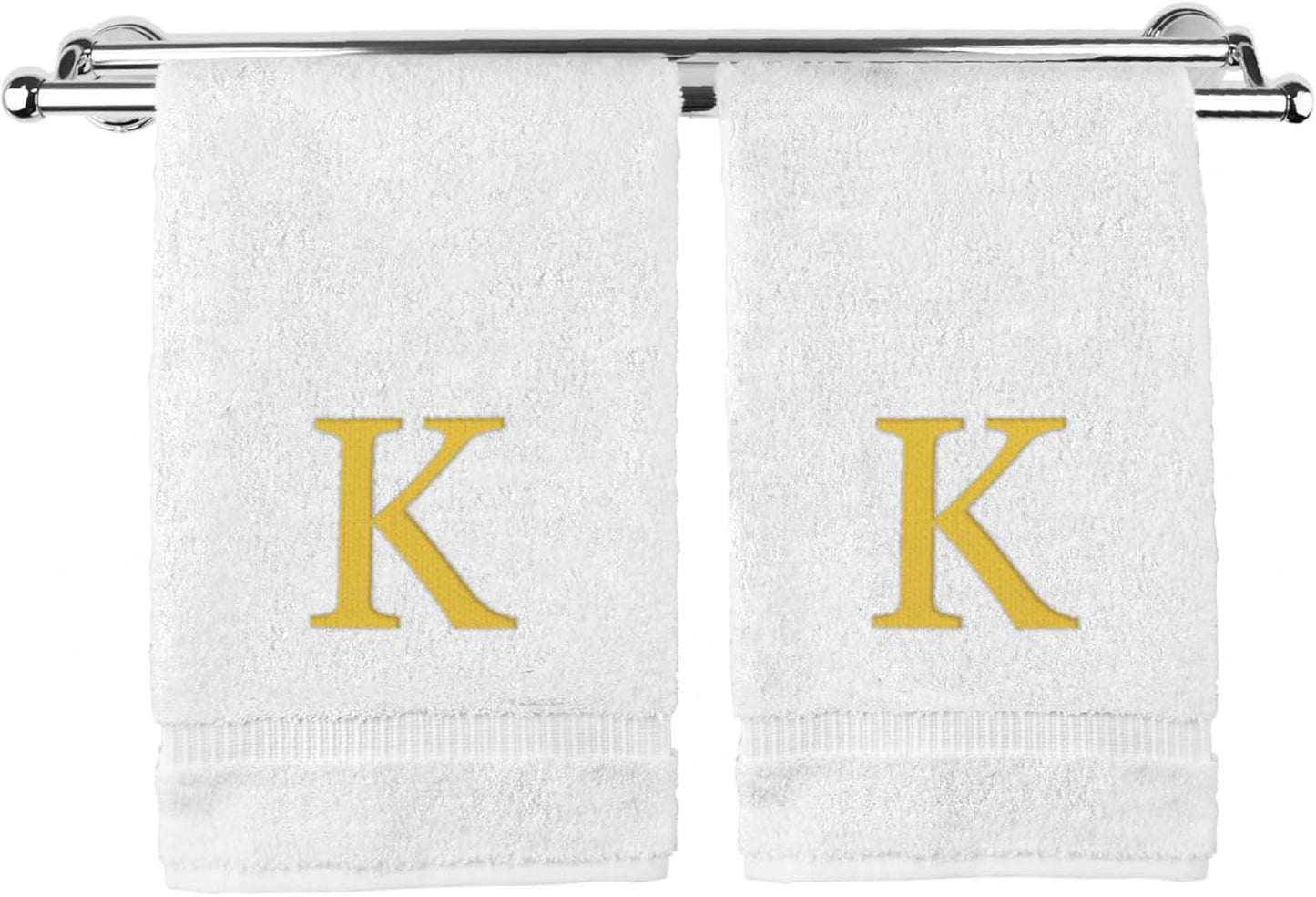 Monogrammed Hand Towel, Personalized Gift, Set of 2- Gold Block Letter Embroidered Towel - Extra Absorbent 100% Turkish Cotton - Soft Terry Finish - Initial K White