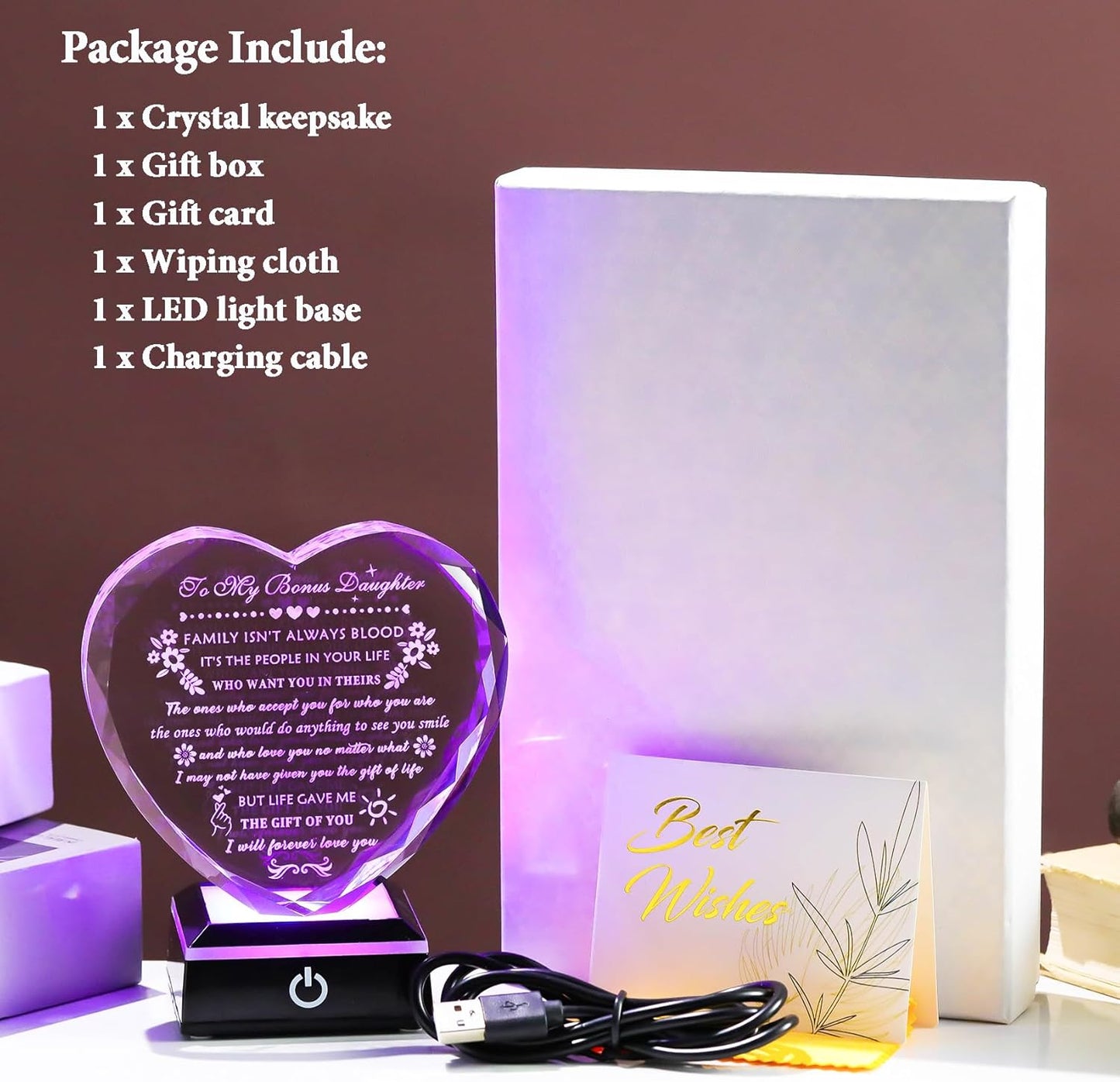YWHL Bonus Daughter Gifts from Mom Dad Birthday Gifts for Bonus Daughter with Colorful Base Heart Shaped Crystal Keepsake To My Bonus Daughter Stepdaughter Gifts on Christmas Graduation Valentine's