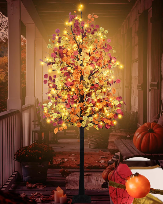 7FT Lighted Fall Eucalyptus Tree Artificial Autumn Tree 128 LED Lights Thanksgiving Eucalyptus Leaves Tree for Fall Wedding Party Harvest Home Indoor Decor