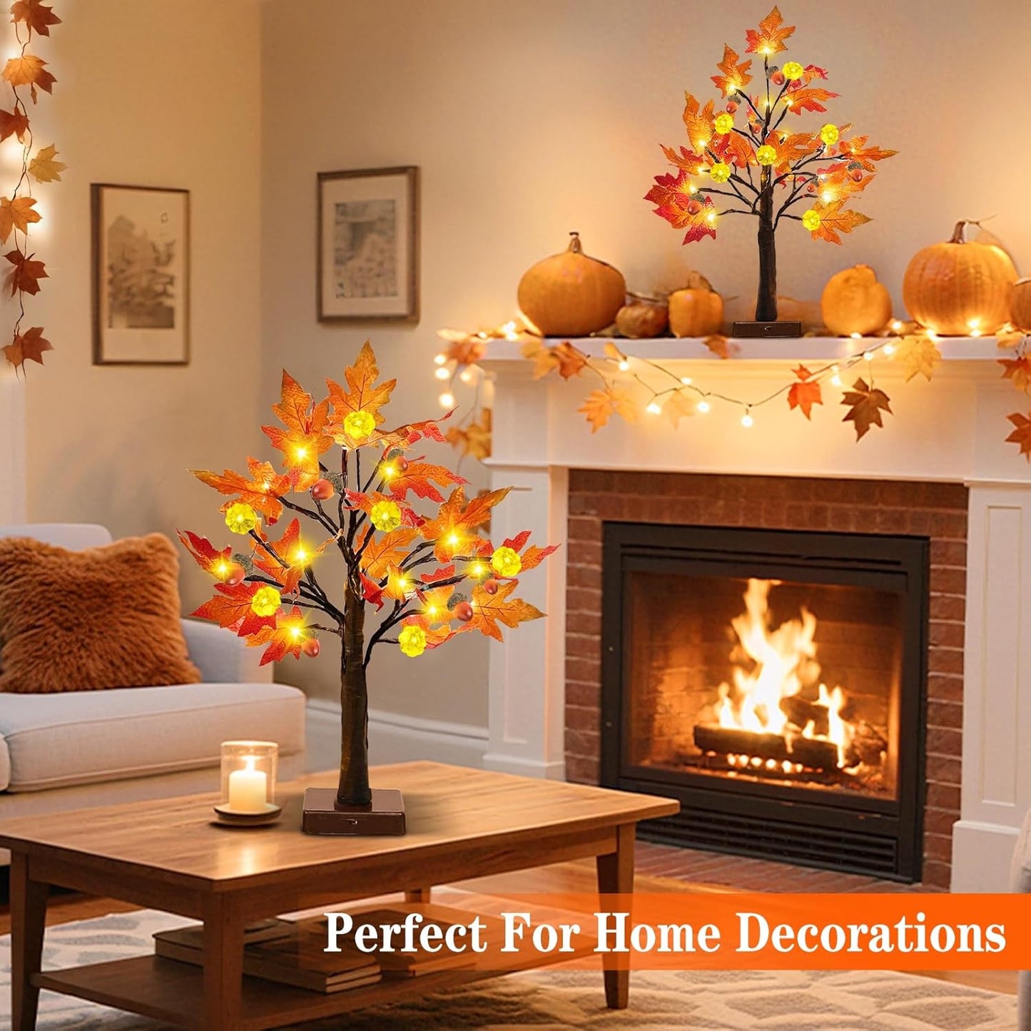 TURNMEON Fall Decor 2 Pack 24 Inch Prelit Fall Maple Tree Thanksgiving Fall Decorations for Home with 48 LEDs Timer Battery Operated Pumpkin Lights 6 Acorn Tabletop Halloween Decorations Indoor Autumn