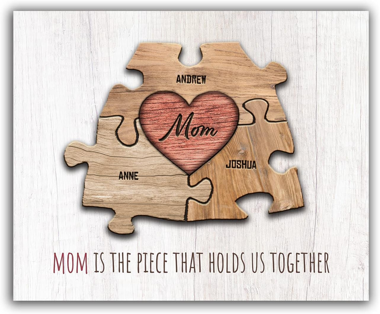 Personal-Prints MOM & Children Personalized HEART Puzzle Wall Art | Unique Customized with up to 8 Names | Mother’s Day, Birthday or Christmas Gift (11"x14" Stretched Canvas, 3 Children)