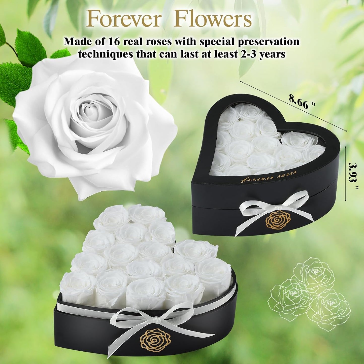 16 Forever Flowers in Heart Shaped Box - Preserved Roses Romantic Gifts for Her, Valentine’s Day, Anniversary, Wedding (White)
