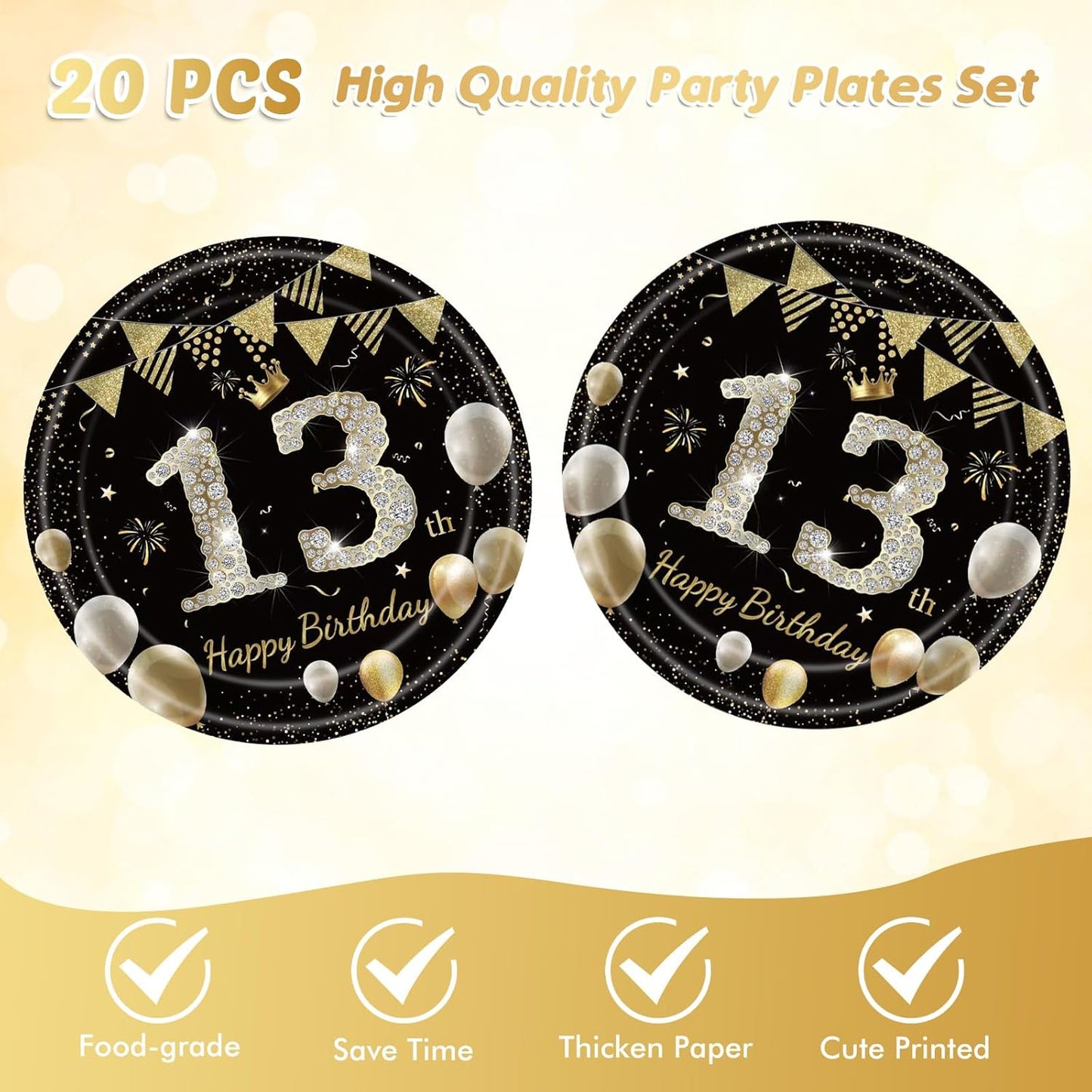 41Pcs 13th Birthday Decorations for Boy Girls, Black Gold 13 Year Old Tableware Decorations include Happy Birthday Plates Napkins Tablecloth for Official Teenager 13th Birth Party Favor