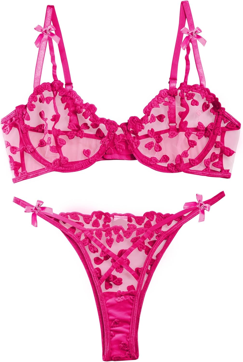 Lilosy Sexy Underwire Cute Push Up Strappy Embroidered Mesh Sheer Lingerie Set See Through Panty Bra