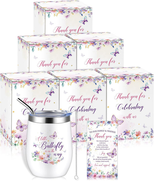 Hoolerry 6 Set Baby Shower Game Prizes for Guests Winners 12 oz Insulated Stainless Steel Tumbler Cup with Lids, Straws, Cleaning Brush, Cards & Boxes Return Gifts(Purple,Butterfly)