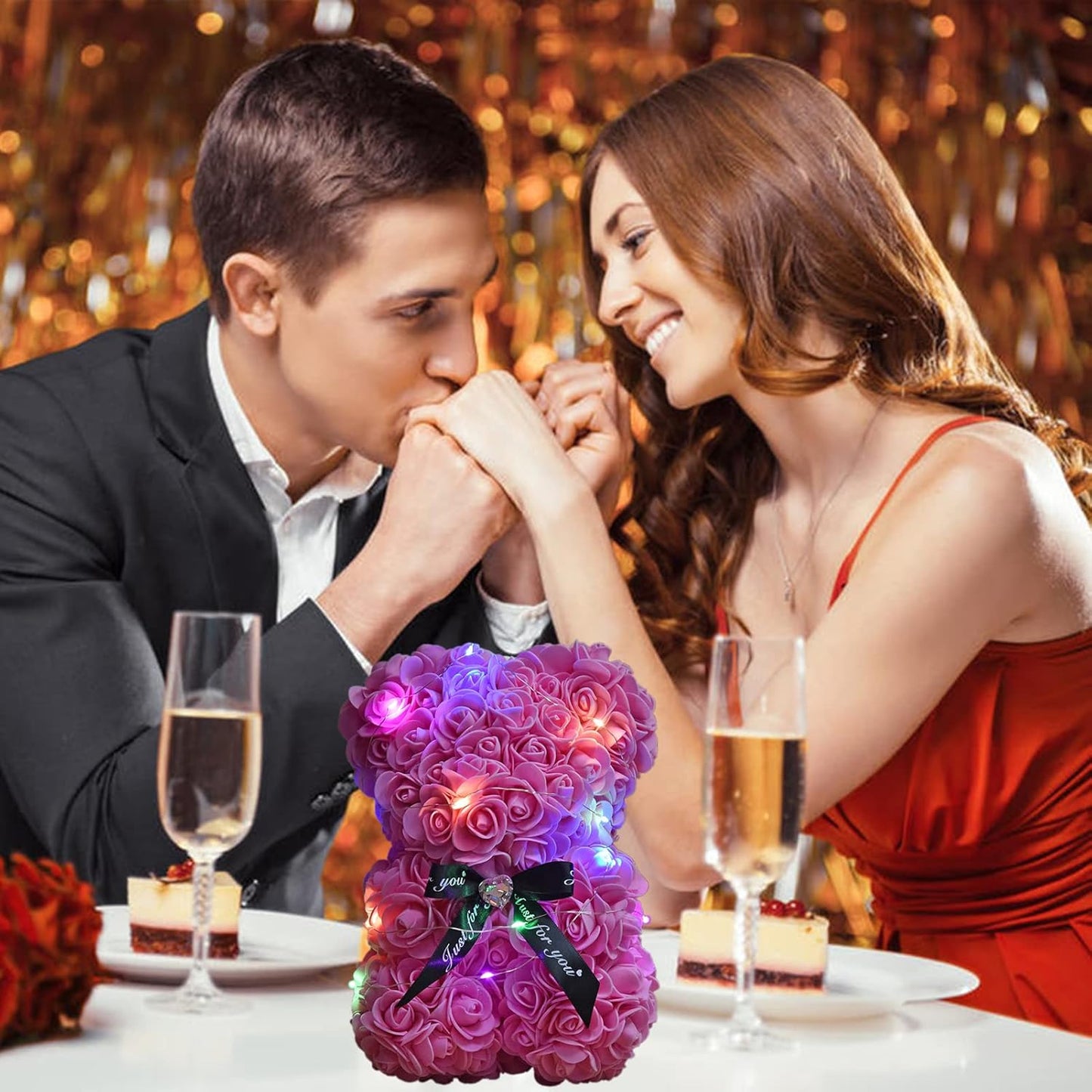 Artificial Rose Flower Bear,Perfect Romantic Gift for Her, Valentine's Mother's Day, Christmas, Birthday,Thanksgiving Party Anniversary Girl Friend Wife with Heart-Shaped Diamond,Pink.