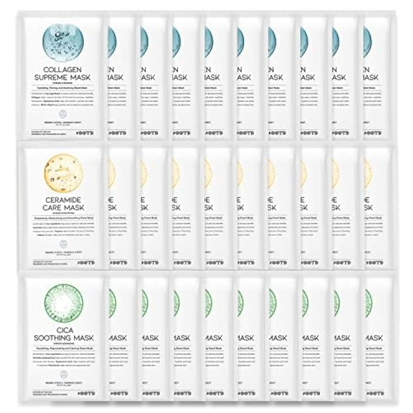 Hydrating Soothing Sheet Masks Gift Set for Skincare, Korean Vegan Sheet Mask for Dry, Sensitive Skin, Calming, Smoothing, Brightening, Collagen, Ceramide, Cica, Hyaluronic Acid 30EA