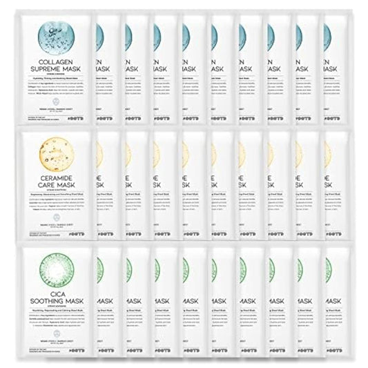 Hydrating Soothing Sheet Masks Gift Set for Skincare, Korean Vegan Sheet Mask for Dry, Sensitive Skin, Calming, Smoothing, Brightening, Collagen, Ceramide, Cica, Hyaluronic Acid 30EA