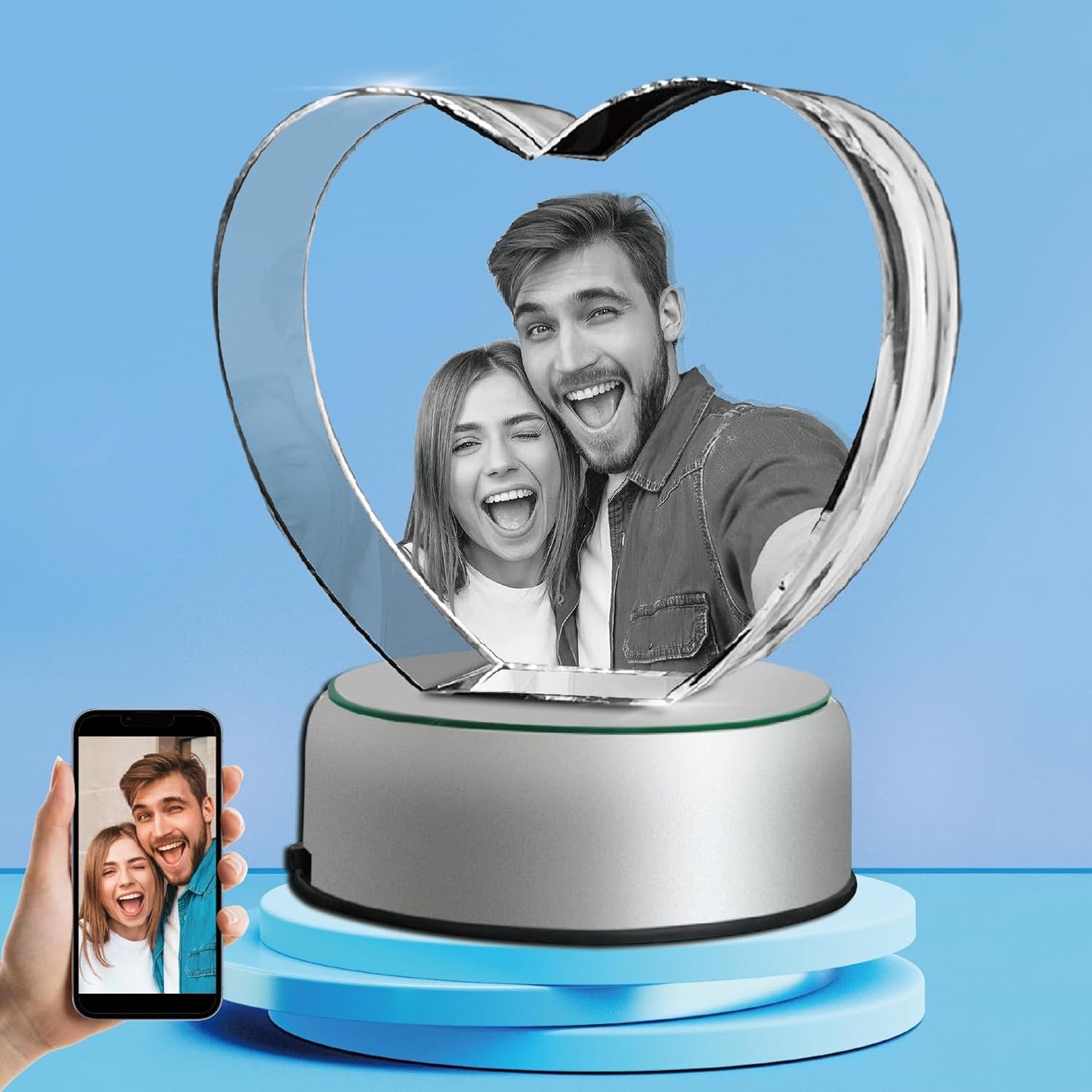3D Crystal Photo Heart Shape with Rotating LED Light Base, Personalized Gifts with Your Own Photo, Laser Engraving 3D Pictures and Customized Text, Medium
