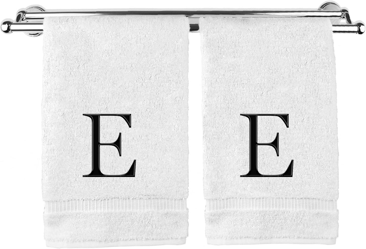 Monogrammed Hand Towel, Personalized Gift, Set of 2- Black Block Letter Embroidered Towel - Extra Absorbent 100% Turkish Cotton - Soft Terry Finish - Initial E White