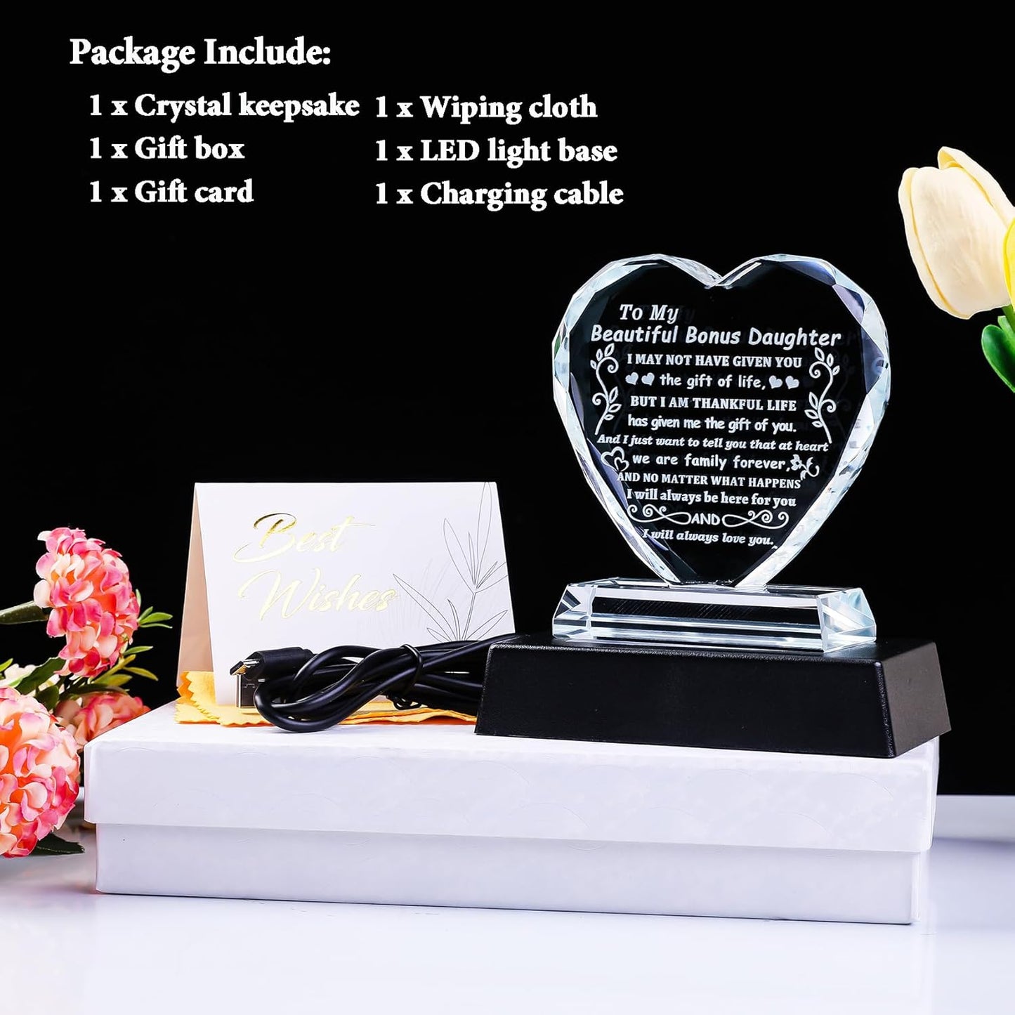 YWHL Bonus Daughter Gifts from Mom Dad, To My Bonus Daughter Gifts Heart Shaped Glass Keepsake with Colorful Light Base, Gift for Stepdaughter on Birthday Christmas Graduation