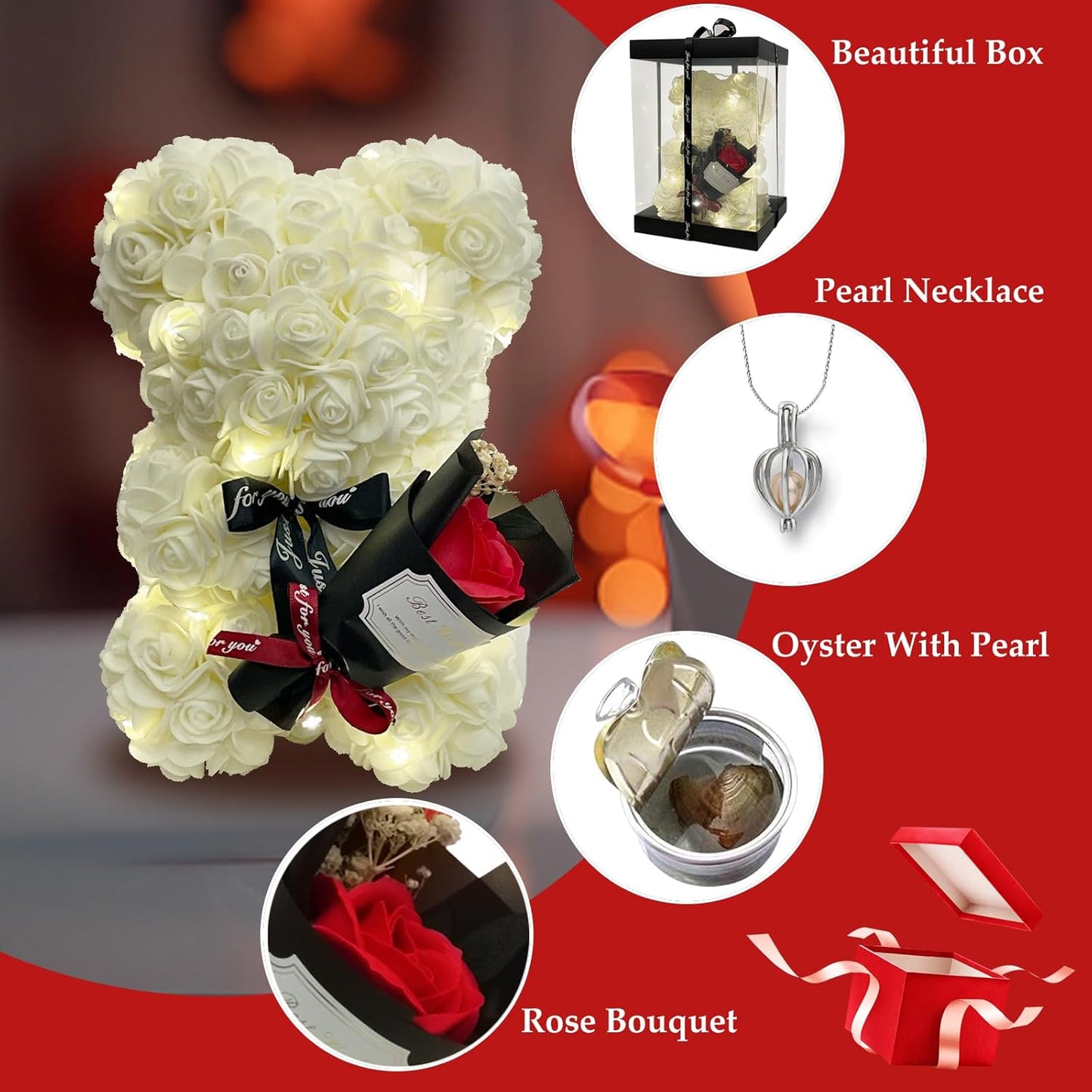for Mom Grandma White Rose Flower Teddy Bear Blind Box Pearl Necklace for Valentine’s Day Birthday for Her, Wife Girlfriend Women Gift Wedding Anniversary Home Decor