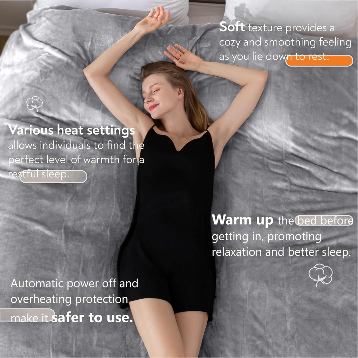 Wapaneus Heated Blanket Electric Throw 72" x 84" Full Size with 10 Heating Levels 12 Hours Time Setings and Auto-Shut Off, Flannel Fast-Heating Electric Blanket,Machine Washable,Light Grey