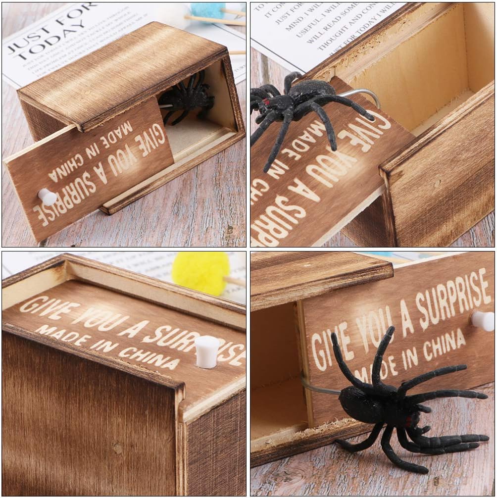 NUOBESTY Spider Prank Toy Box Tricky Spider Box Fake Spider in a Box Funny Wooden Box Toy April Fool Halloween Joke Toys Scare Shocker Surprise Spider Model 2pcs