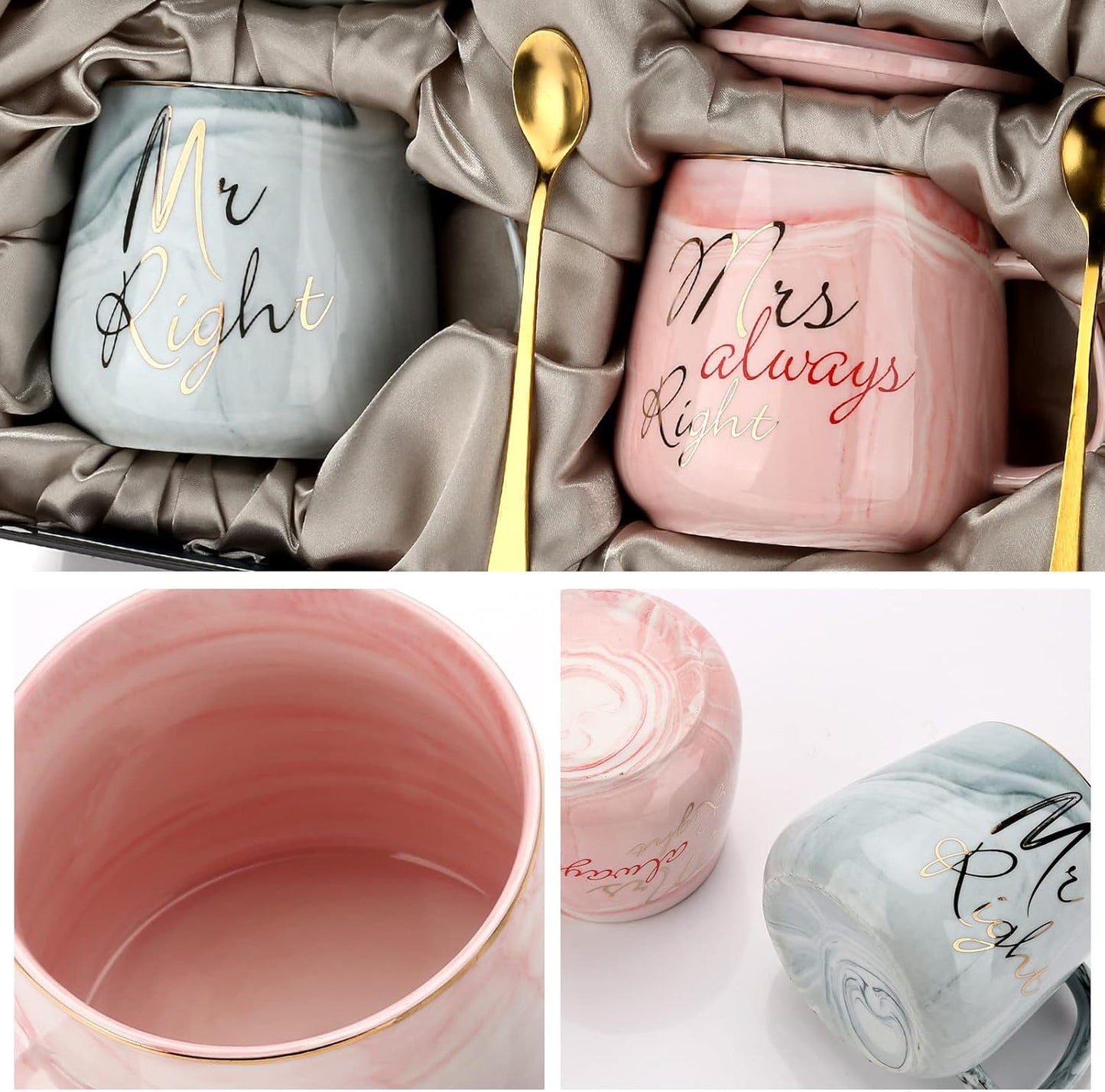 Mr Right Mrs Always Right Couple Coffee Mugs- Wedding Gifts Bridal Shower Anniversary Engagement Gifts for Couple - Bride and Groom Newlyweds Married Couples Ceramic Marble Mugs Set (13.2 oz )