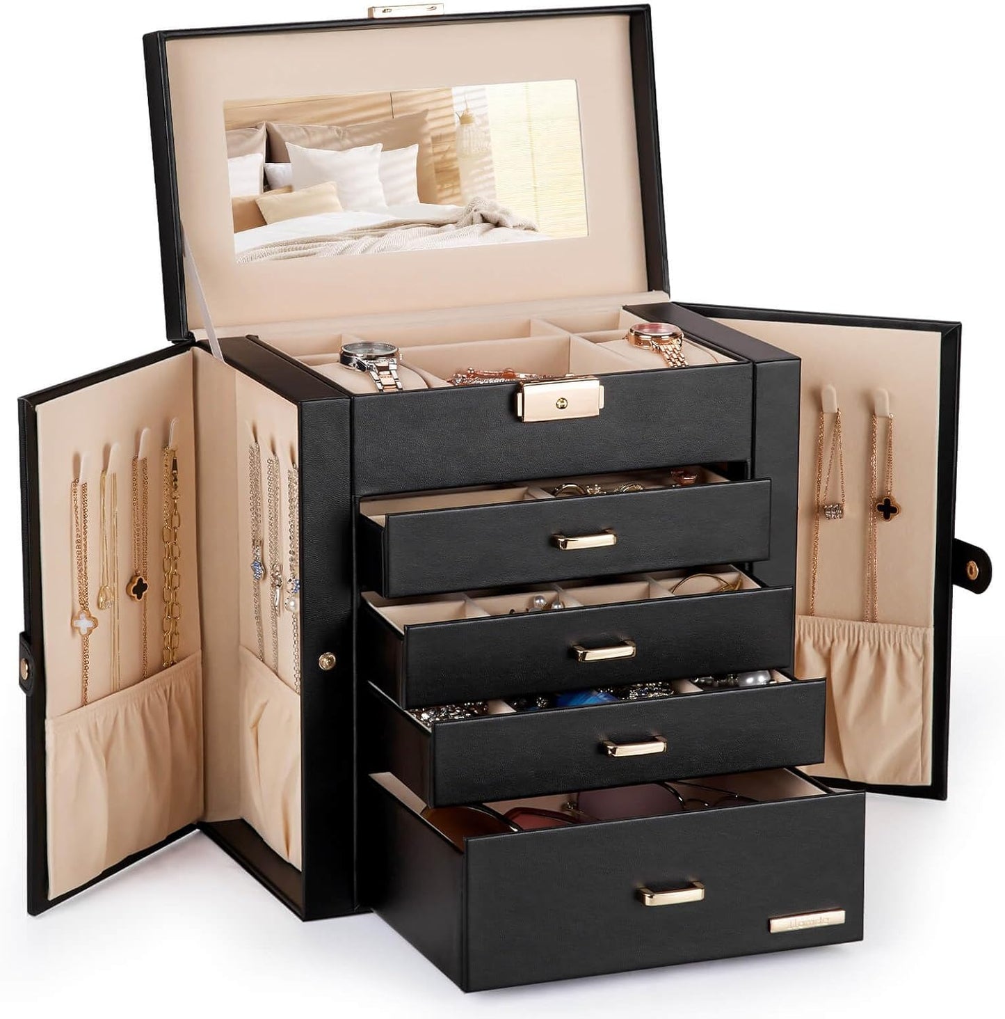Homde Synthetic Leather Huge Jewelry Box Mirrored Watch Organizer Necklace Ring Earring Storage Lockable Gift Case (Black + Gold)