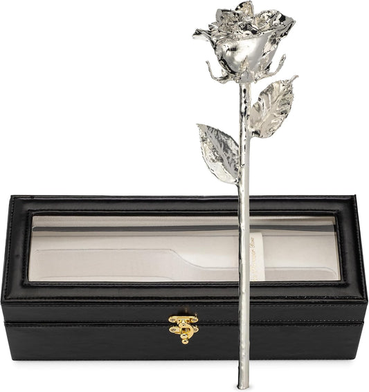 Forever Rose Real Rose Dipped in Silver, Handcrafted Preserved Rose in Luxury Leather Display Case with LED Light, Romantic Gift for Her, Elegant Keepsake for Anniversary, Birthday, or Any Occasion