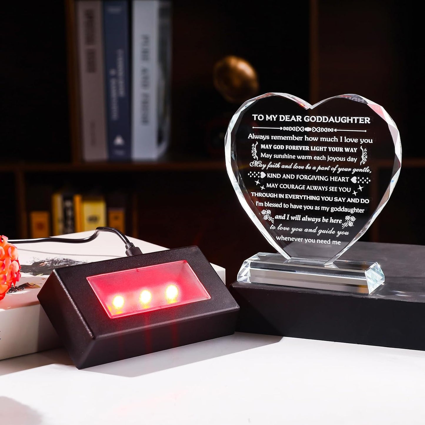 YWHL Goddaughter Gifts from Godmother Birthday Gifts for Goddaughter from Godparents with LED Base Heart Crystal Keepsake Unique Gift Idea for Goddaughter on Mother's Day Christmas