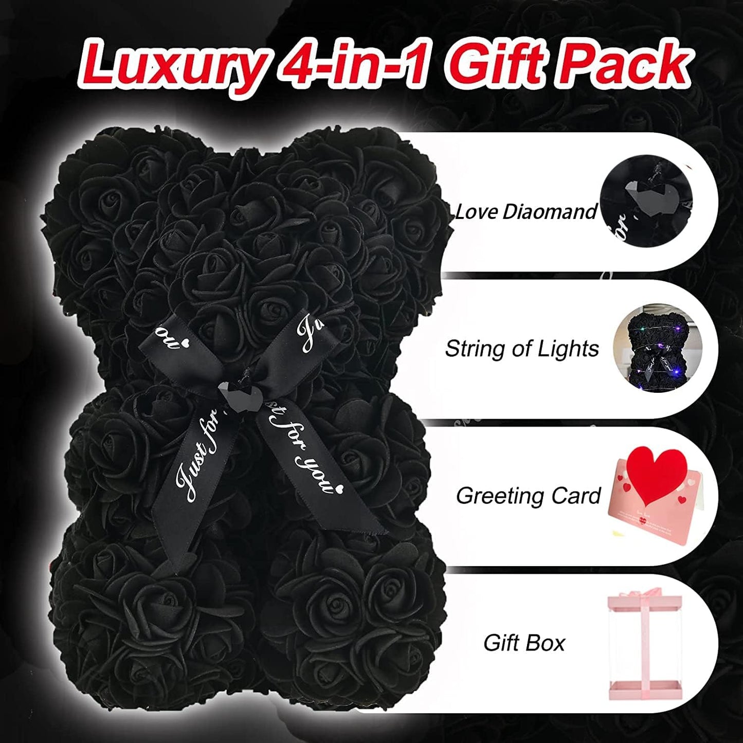 Artificial Rose Flower Bear,Perfect Romantic Gift for Her, Valentine's Mother's Day, Christmas, Birthday,Thanksgiving Party Anniversary Girl Friend Wife with Heart-Shaped Diamond Black.