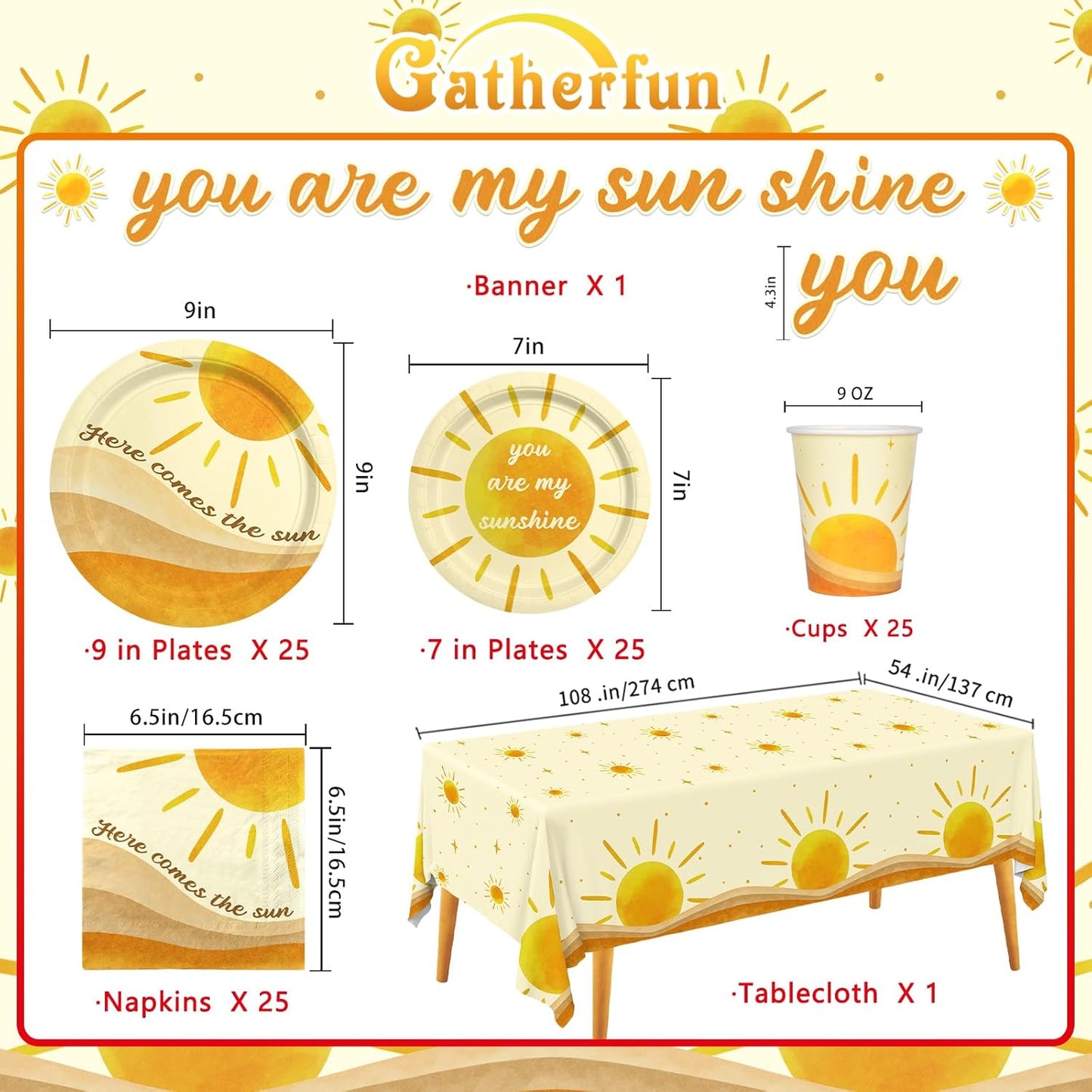 Boho Sun-Theme Birthday Party Supply Set; Complete Baby Shower Decorations with Sunshine Disposable Paper Plates, Cups, Tablecloth, Banner and Napkins for 25; Boho Baby Shower Party Decorations.