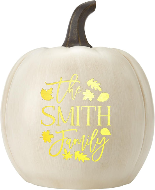 Let's Make Memories Personalized Light Up Pumpkin - Jack-o-Lantern Halloween Décor - Your Family Name on a Custom Pumpkin - Fall Decor - Light Up Indoors/Outdoors - Leaves Pattern - Cream - Large