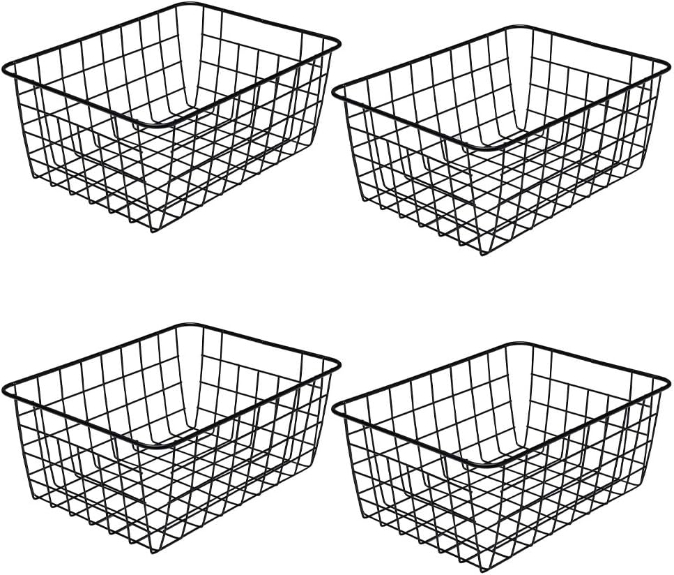 LeleCAT Wire Baskets with Handles, Wire Storage Organizer Baskets, Household Refrigerator for Cabinets, Pantry, Closets, Bedrooms - Set of 4(Black)